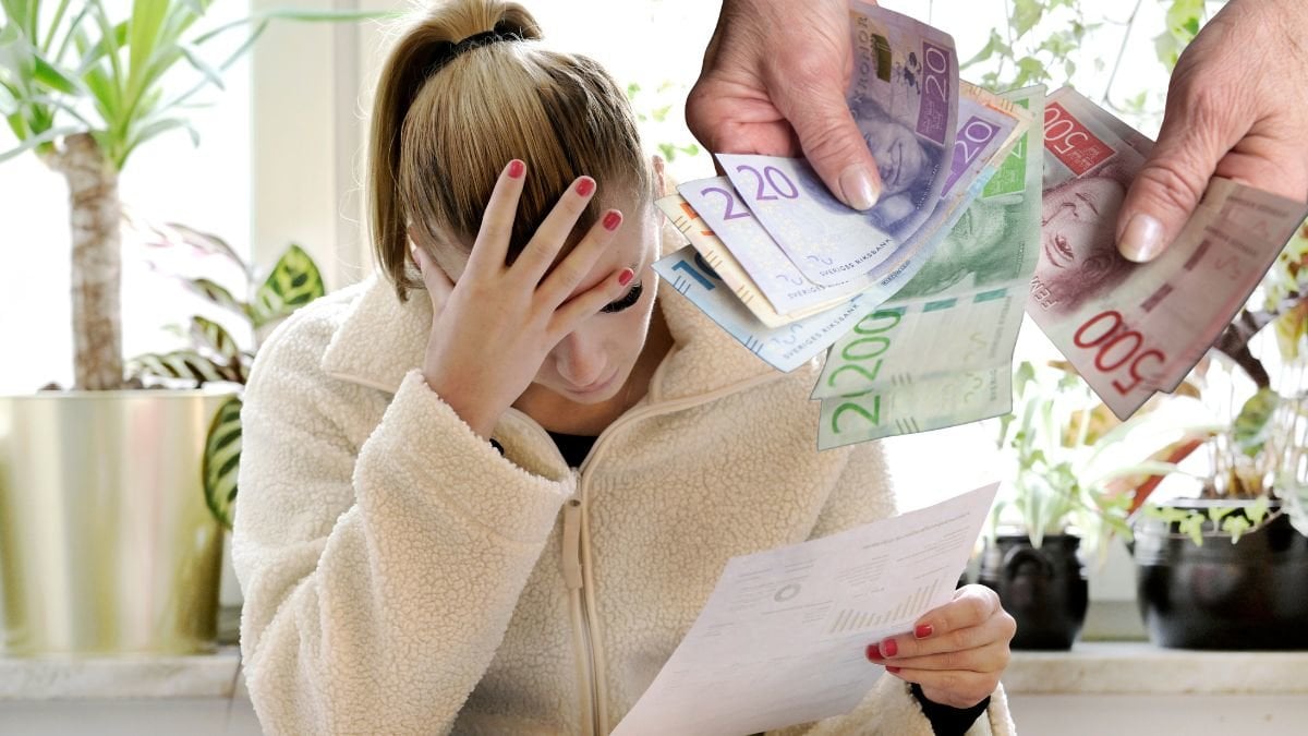 Kvinna med en faktura och två händer med sedlar.