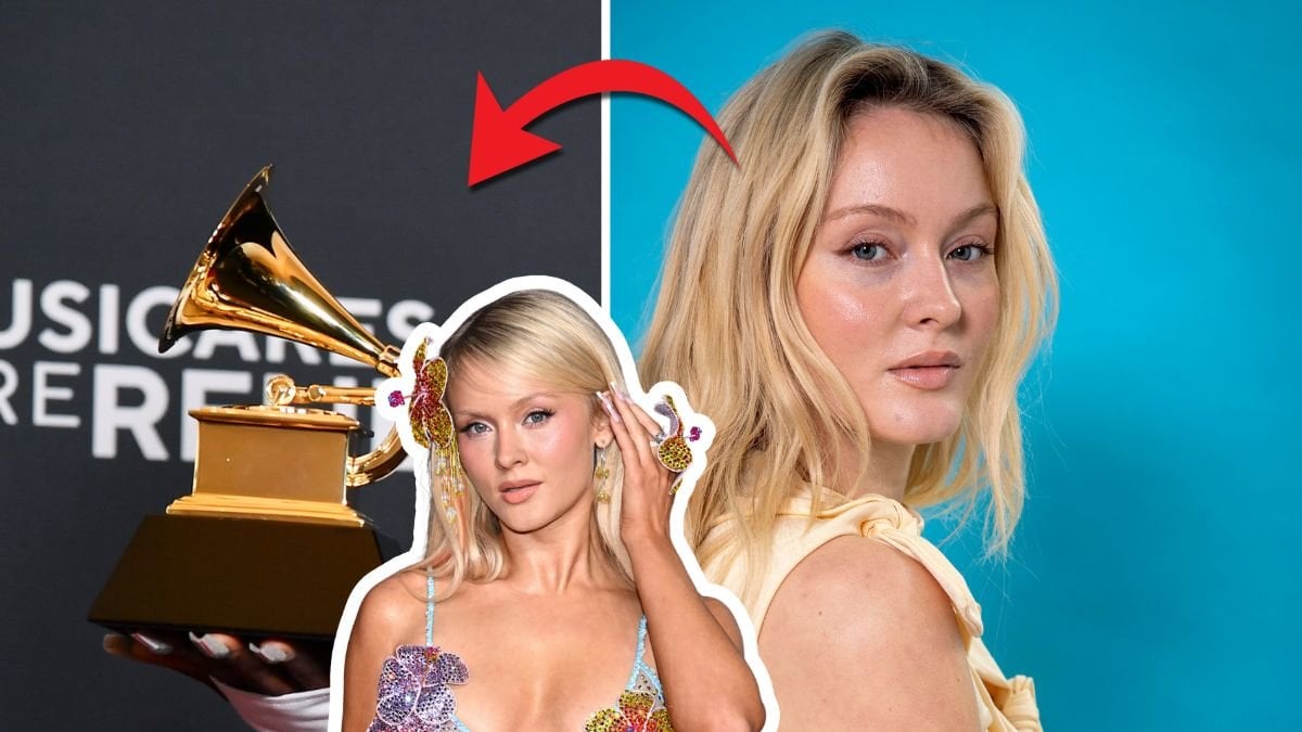Grammypris till vänster,Zara Larsson i mitten. Zara Larsson närbild till höger. 