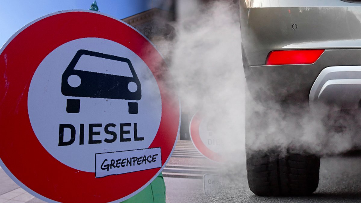 Ett avgasrör och en varningsskylt för dieselbilar.