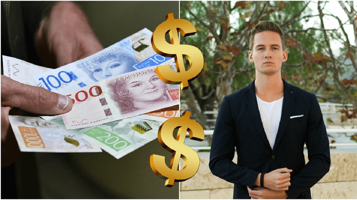 Hand som håller sedlar samt bild på Theodor Forselius.