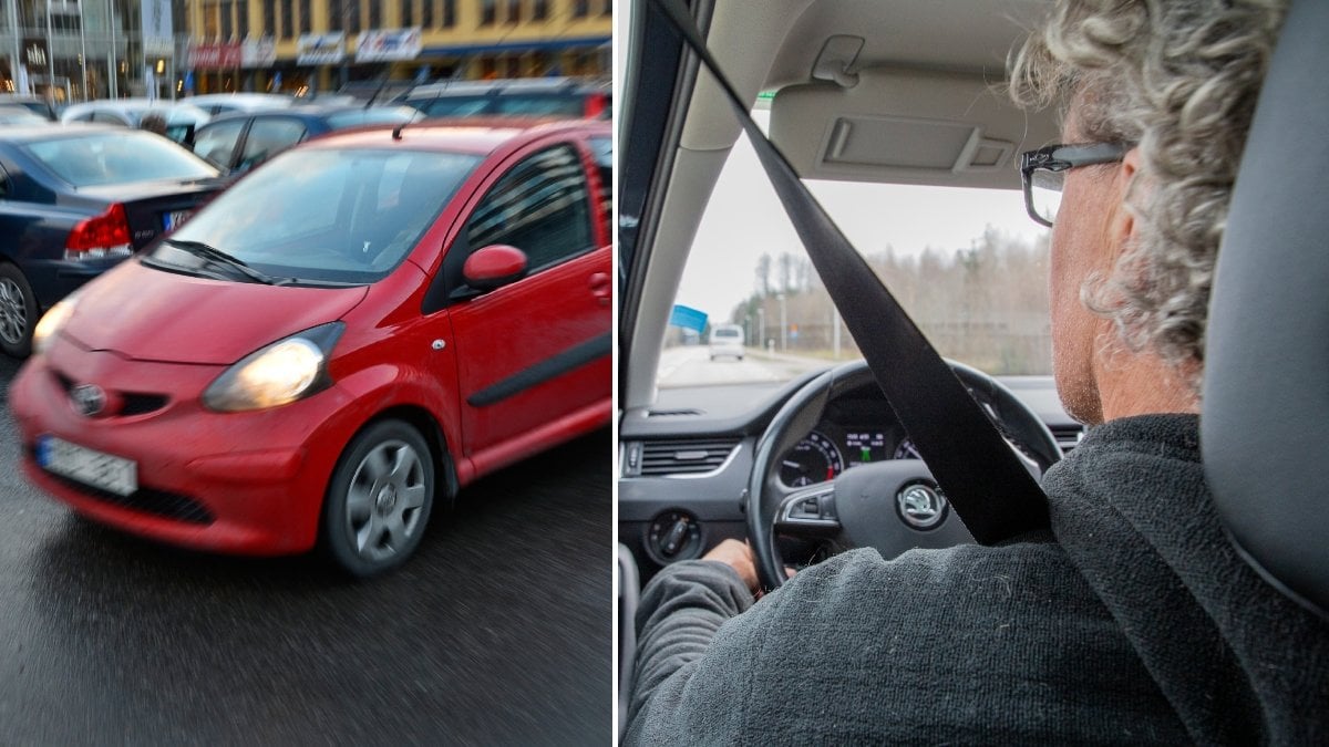 En kvinna bakom ratten och en röd bil.