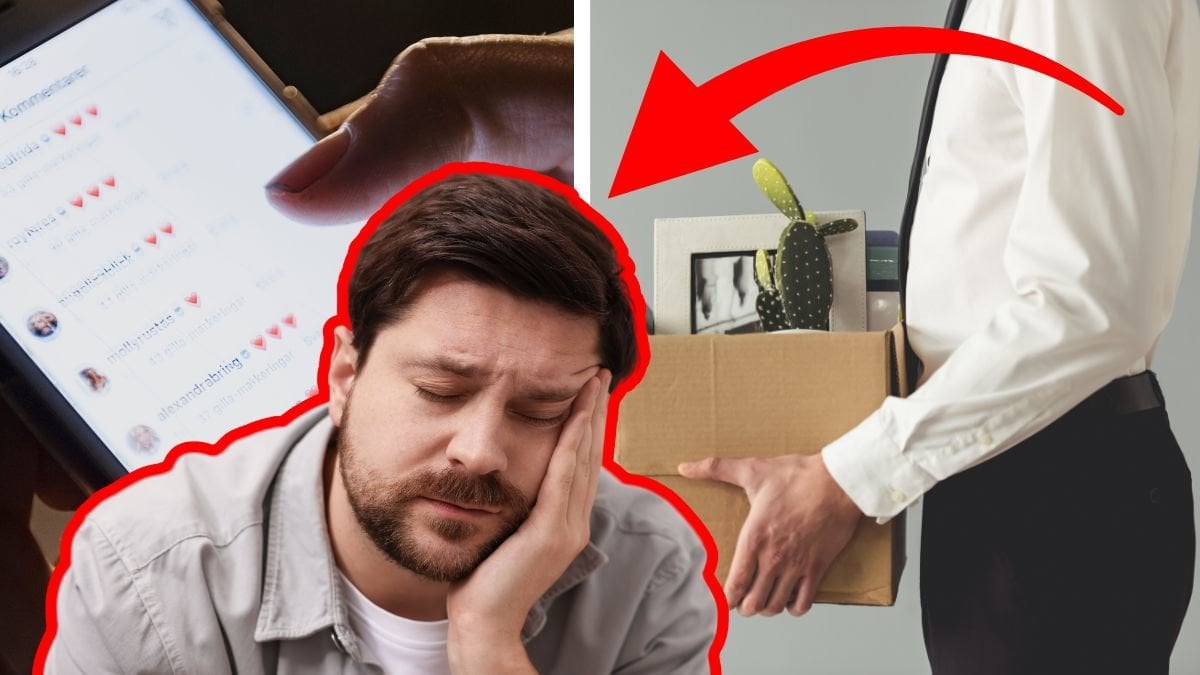 Mobil med ett kommentarsfält vänster. Person som håller låda med kontorsprylar i höger. Utklippt person med ansiktet i händerna i mitten.