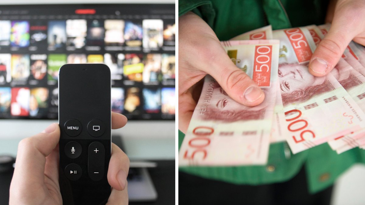 Tv och en hand som håller i en tv-kontroll vänster. Händer som håller i flera 500-lappar höger.