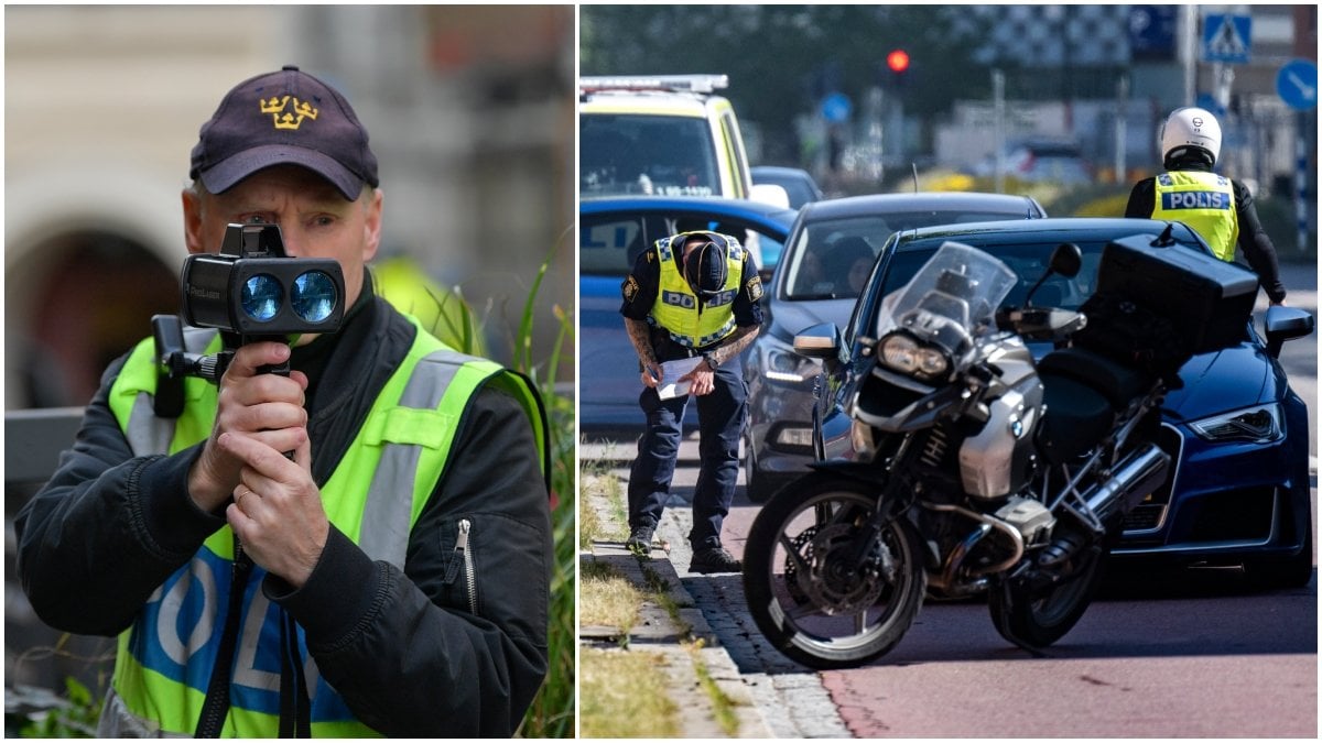 Polis skjuter med fartkamera och polis som skriver böter