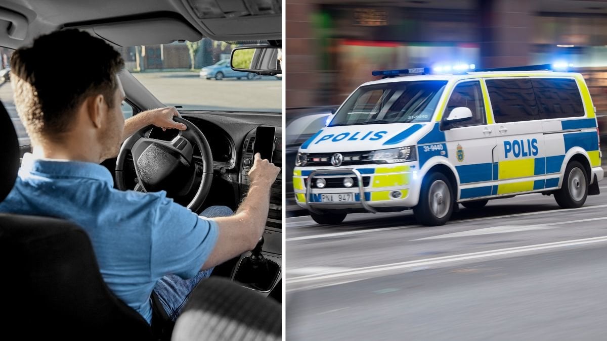 Man kör bil och en polisbil.