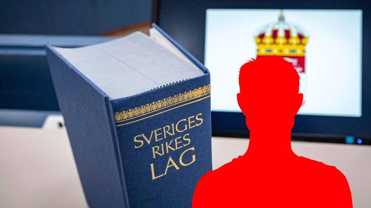 Lagbok i bakgrunde. Röd siluett av en man höger.