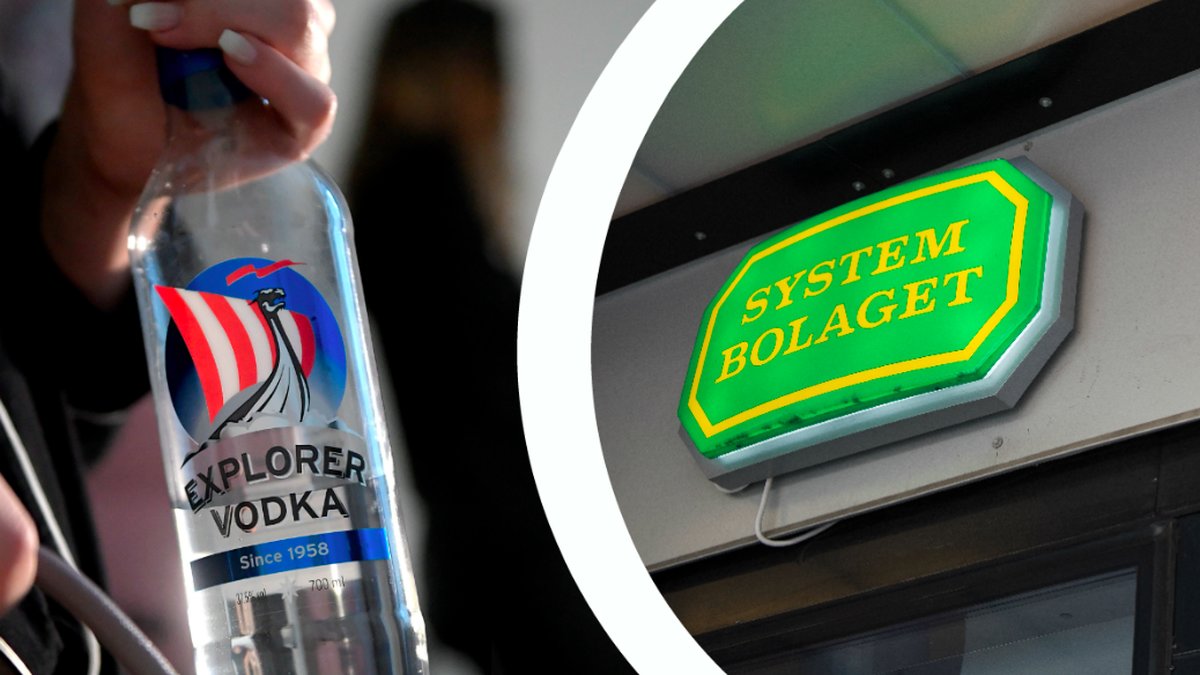 En spritflaska och en Systemet-skylt. Kollage. 