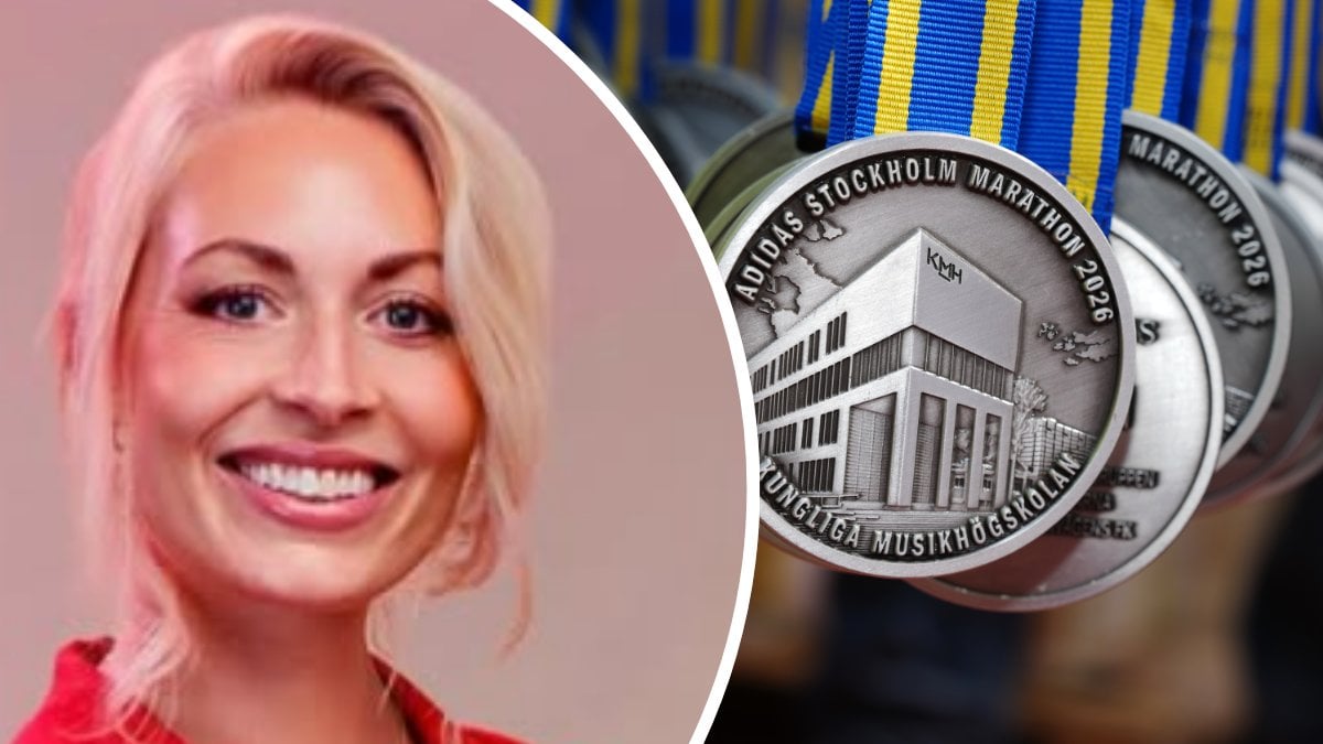Camilla närbild vänster. Medalj från Stockholm Marathon 2026 höger.