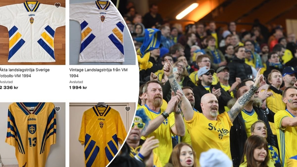 Fotbollströjor och Sverige-supportrar.