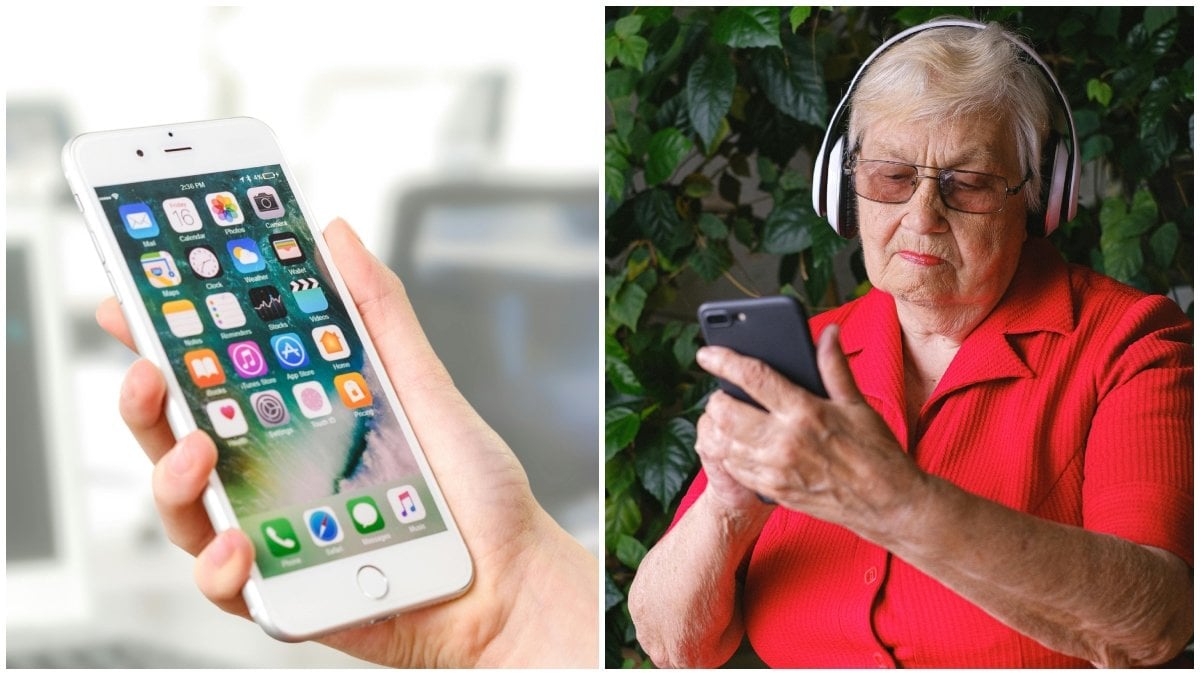 En Samsung-mobil och en äldre kvinna som sms:ar med en Android.