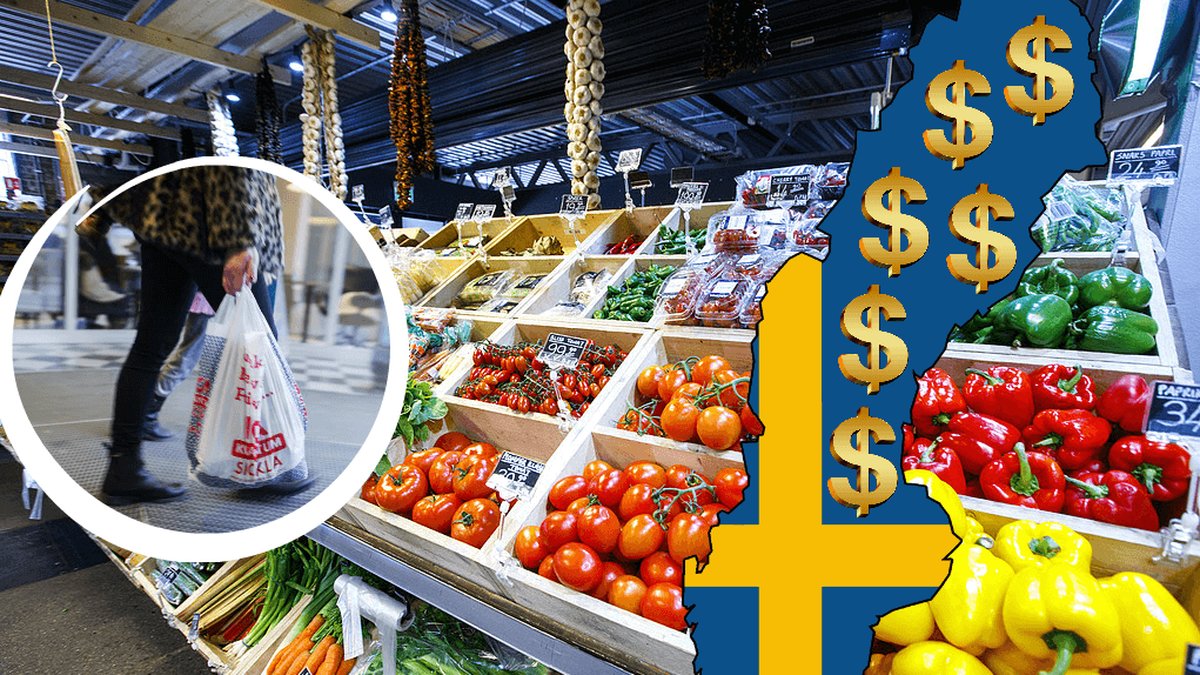 Fruktavdelningen i en mataffär, kvinna som bär på en matkasse samt en Sverigekarta med dollartecken på.