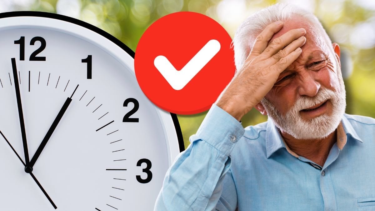 Klocka och en äldre man med bekymrad min