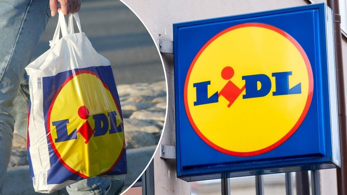 Bilder på en Lidl-kasse och en Lidl-skylt.