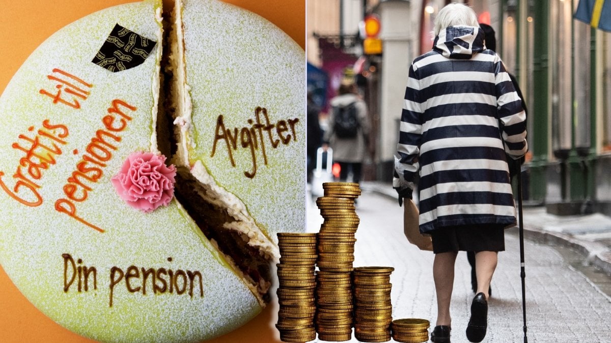 Tårta som visar avgifter vid pensionen och kvinna.