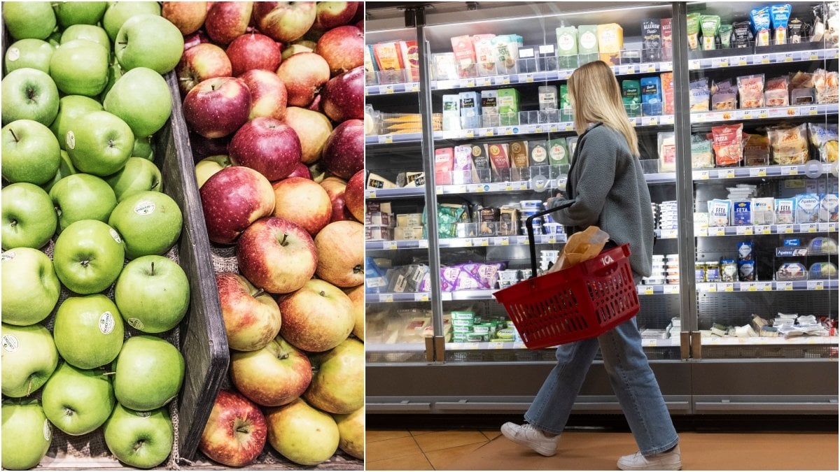 Gröna och röda äpplen och tjej som handlar