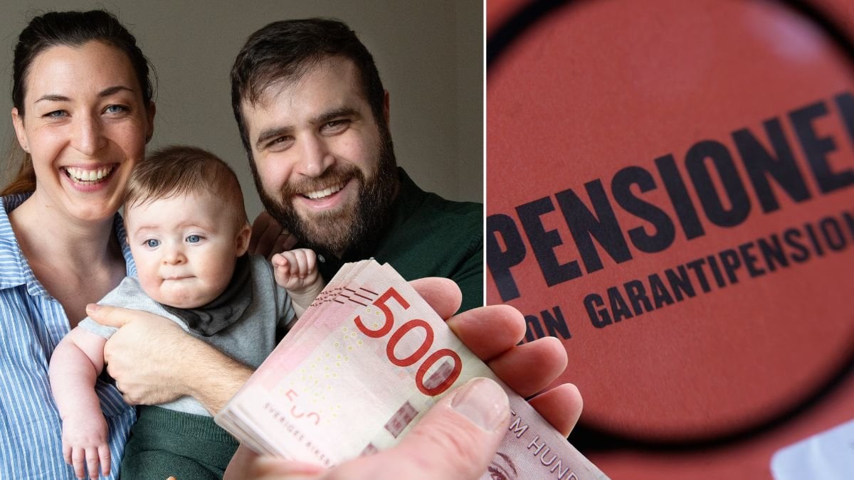 En småbarnsfamilj, pensionskuvert och pengar i en hand.