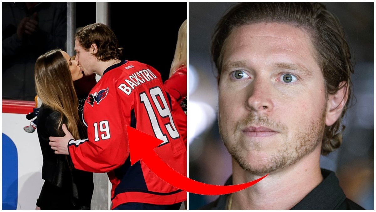 Nicklas Bäckström pussar Liza Berg och en närbild på hockeystjärnan.