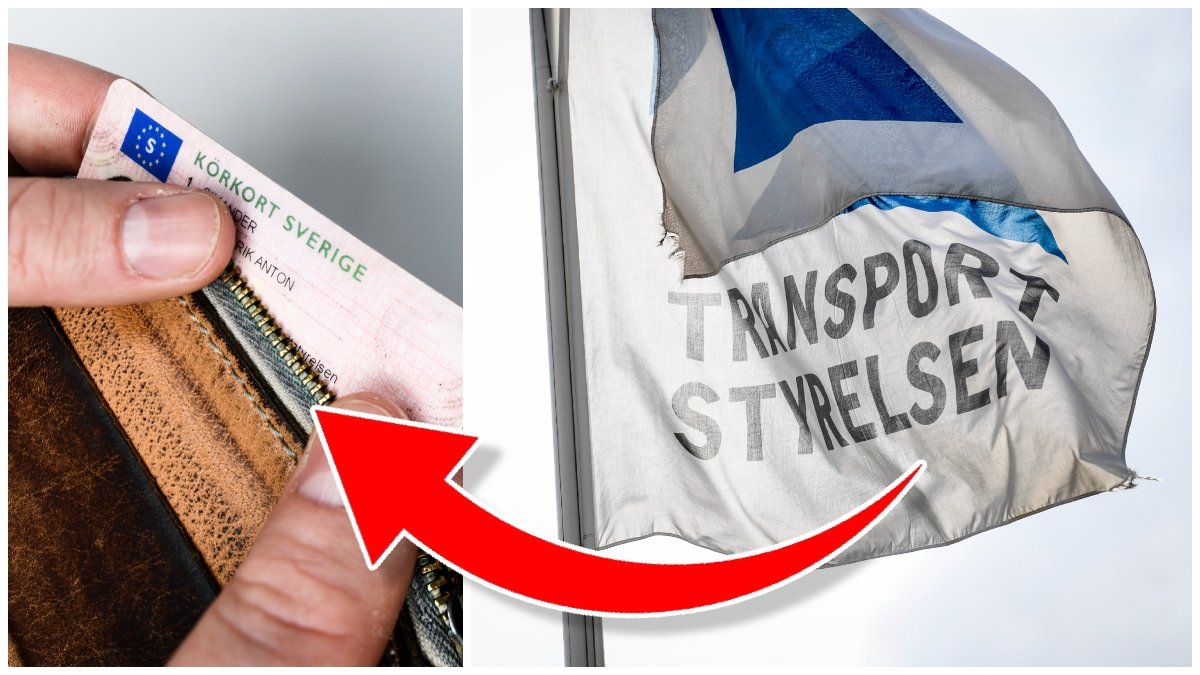 Körkort i plånbok och en flagga med Transportstyrelsens logga