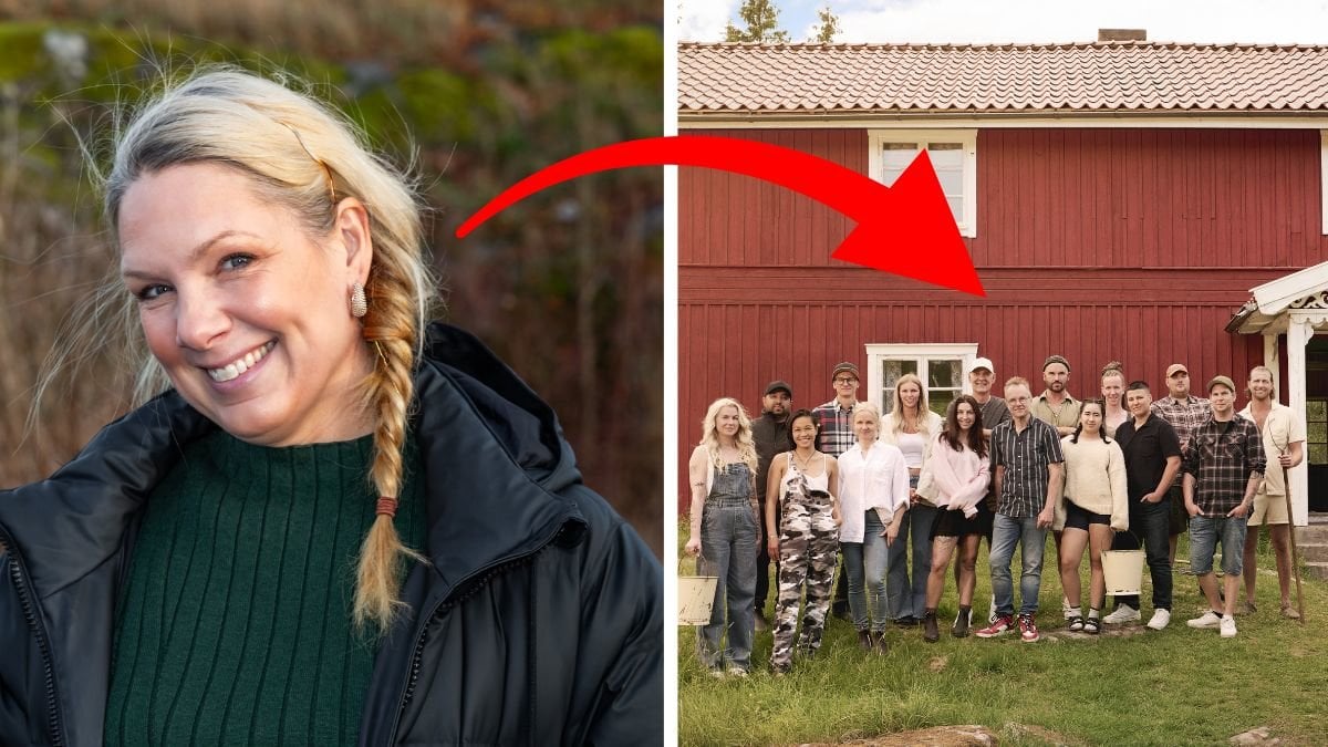 Anna Brolin vänster, Farmen-deltagarna höger.