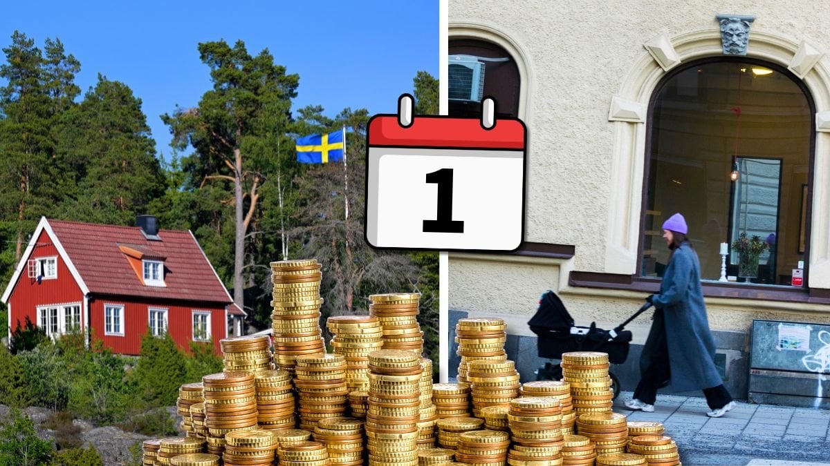 Hus och en kvinna med barnvagn.