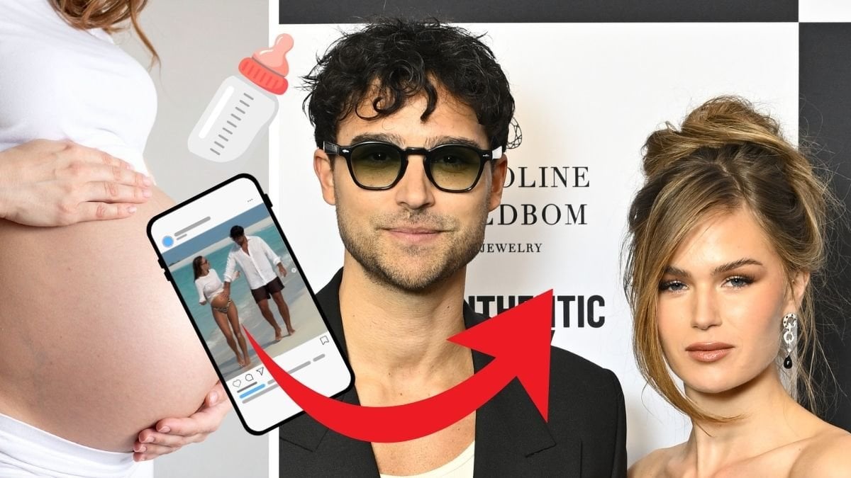 Gravidmage till vänster, utklippt telefon med graviditetsbilden på Hanna Schönberg och Eric Saade. Närbild på Eric Saade och Hanna Schönberg till höger. 