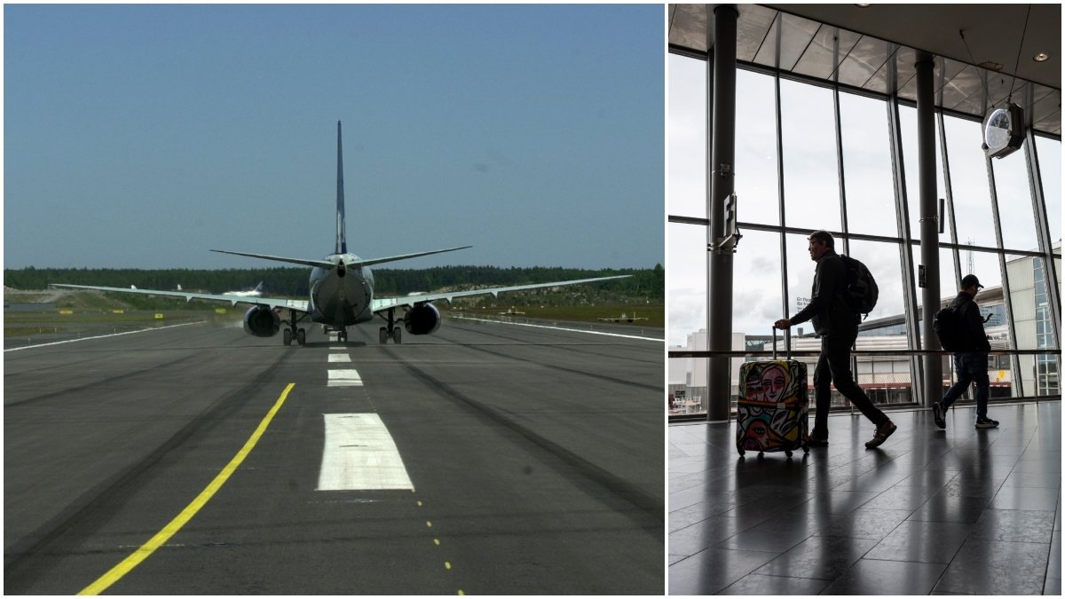 Flygplan på landningsbanan och man som styr resväskan på en flygplats.