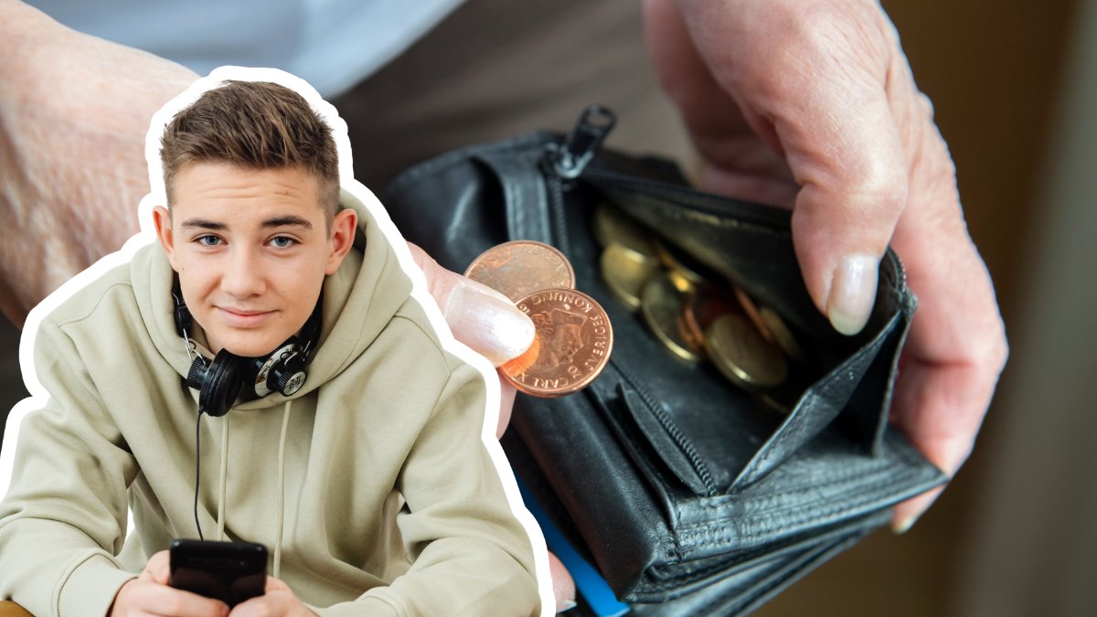 En person öppnar en plånbok med mynt i bakgrunden. Utklippt bild på en ung kille/man till vänster.