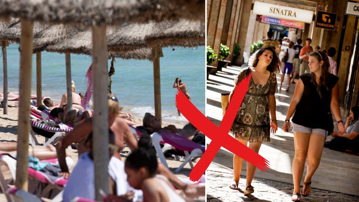 Turister som solar i Spanien och turister som shoppar på gamla stan i Palma.