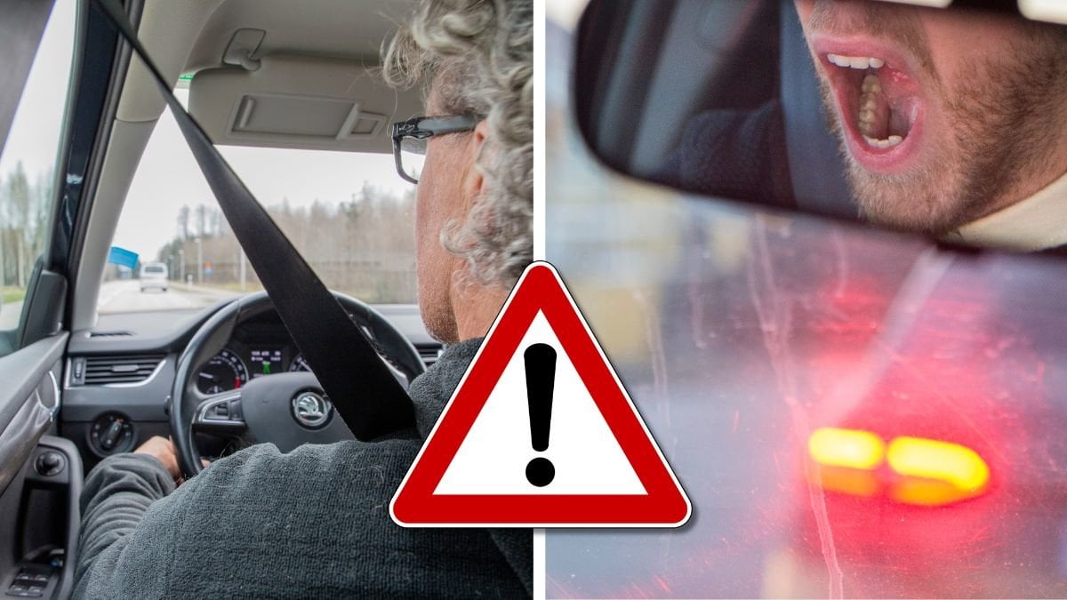 Man kör bil och en man gäspar i bilen.