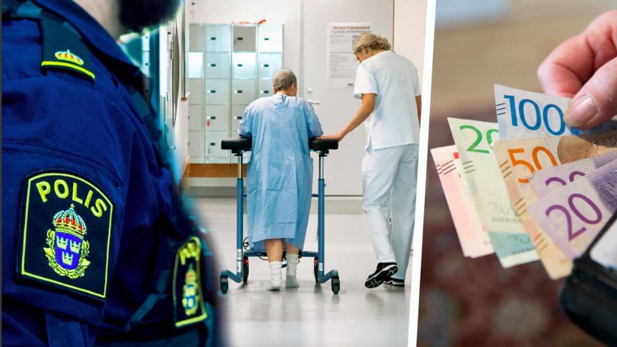 En polis, en sjukhuskorridor och en plånbok. Montage. 
