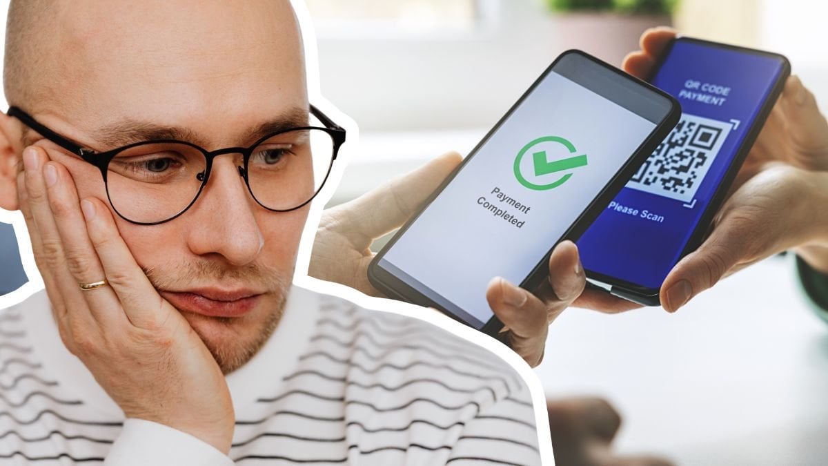 Uppgiven man och QR-kod som skannas