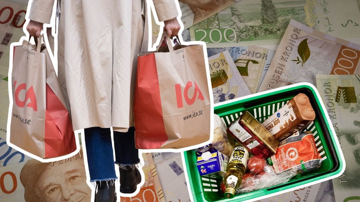 Pengar, person som handlat på Ica och en kundkorg från Coop.