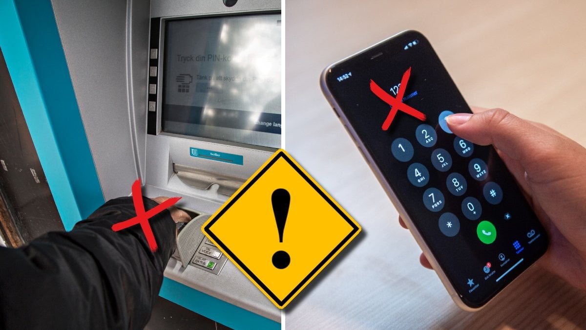En person trycker in koden vid en Bankomat och en mobiltelefon.
