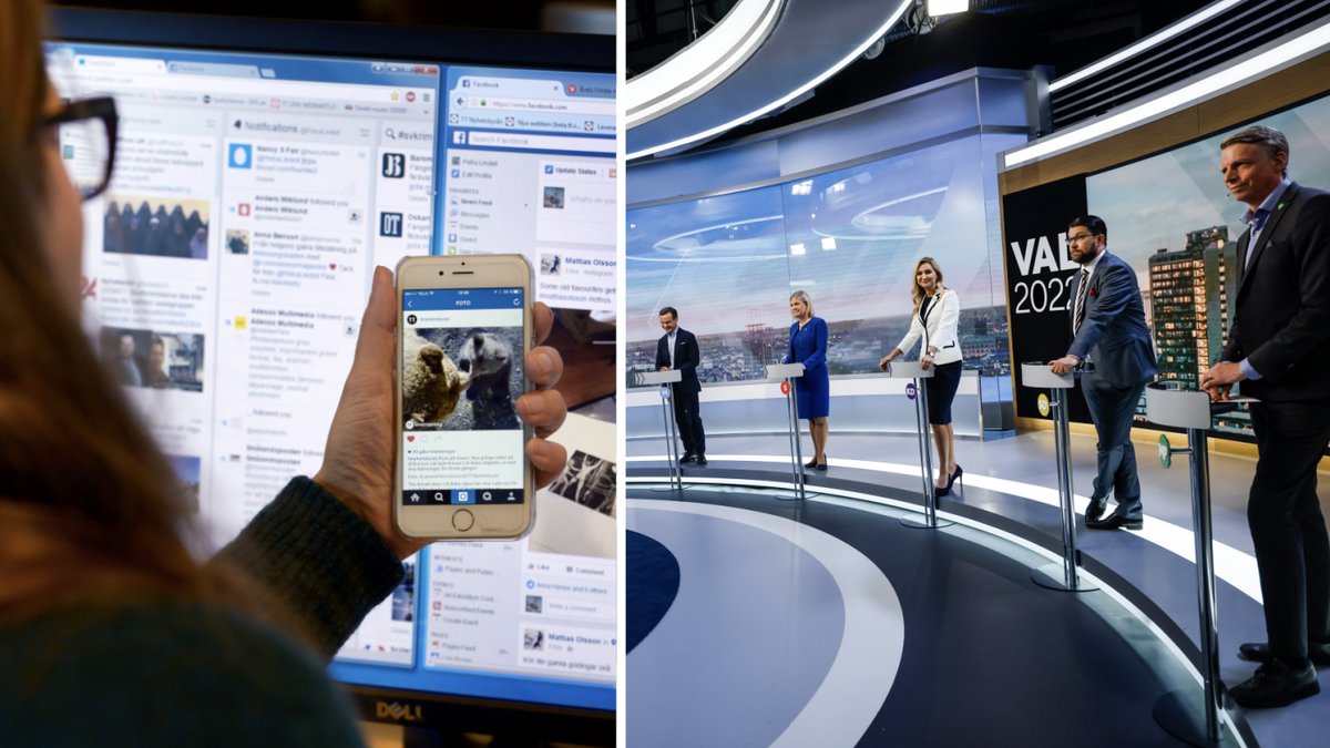 Kvinna på sociala medier och partiledarna i en debatt.