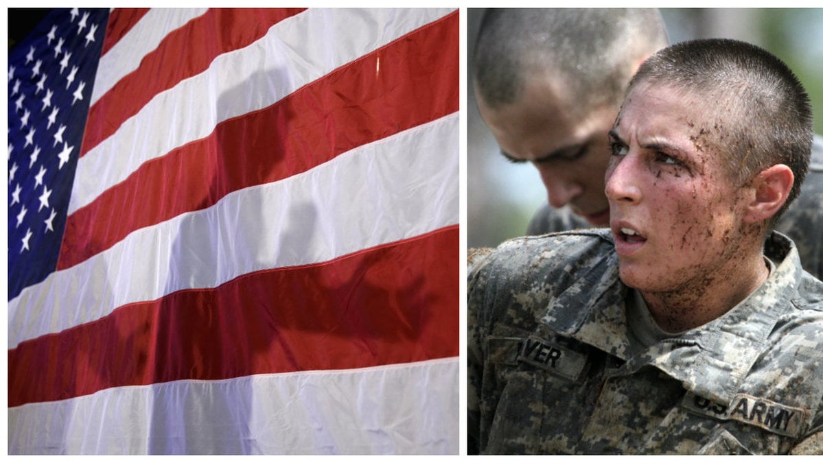 USA:s flagga med två militärer från USA:s armé