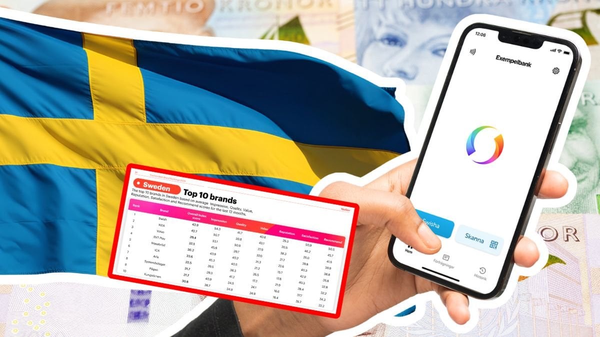 Svensk flagga, sedlar och Swish-appen i en mobil