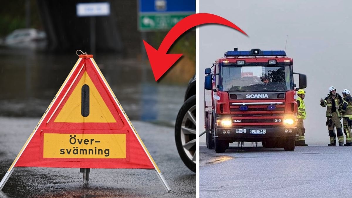 Varningskylt för översvämning till vänster. Brandbil till höger.