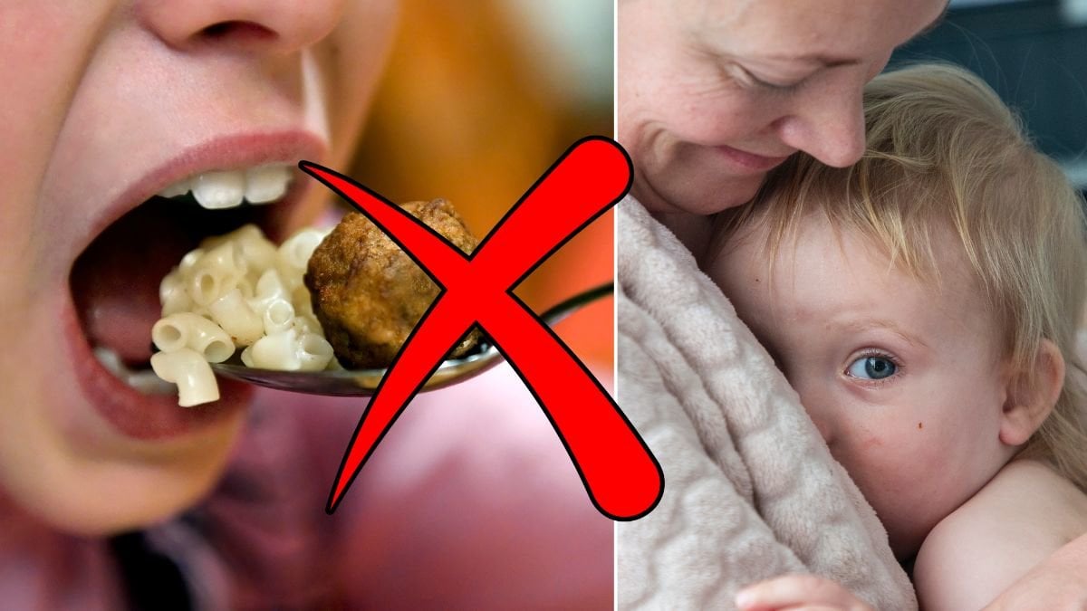 Barn äter mat, ett rött kryss och en mamma som kramar sitt barn