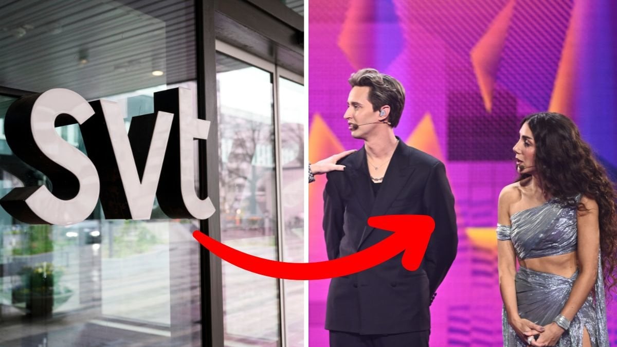 SVT-skylt vänster, Hampus Nessvold och Gina Dirawi på scenen av Melodifestivalen till höger.