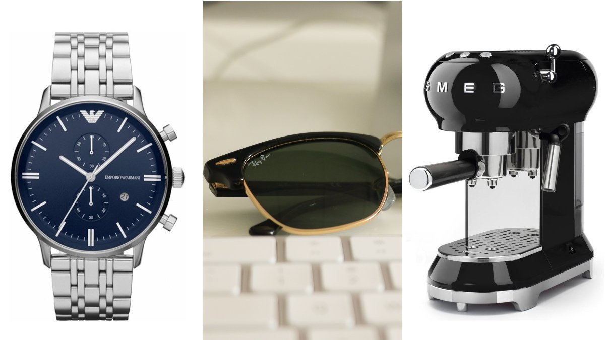 Klocka från Armani, solglasögon från Ray-ban, espressomaskin från Smeg