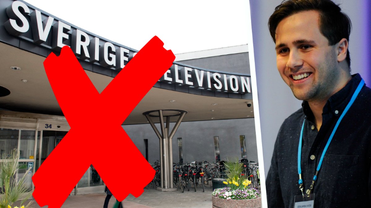 SVT-huset med ett rött kryss över. Till höger Benjamin Dousa. Kollage. 