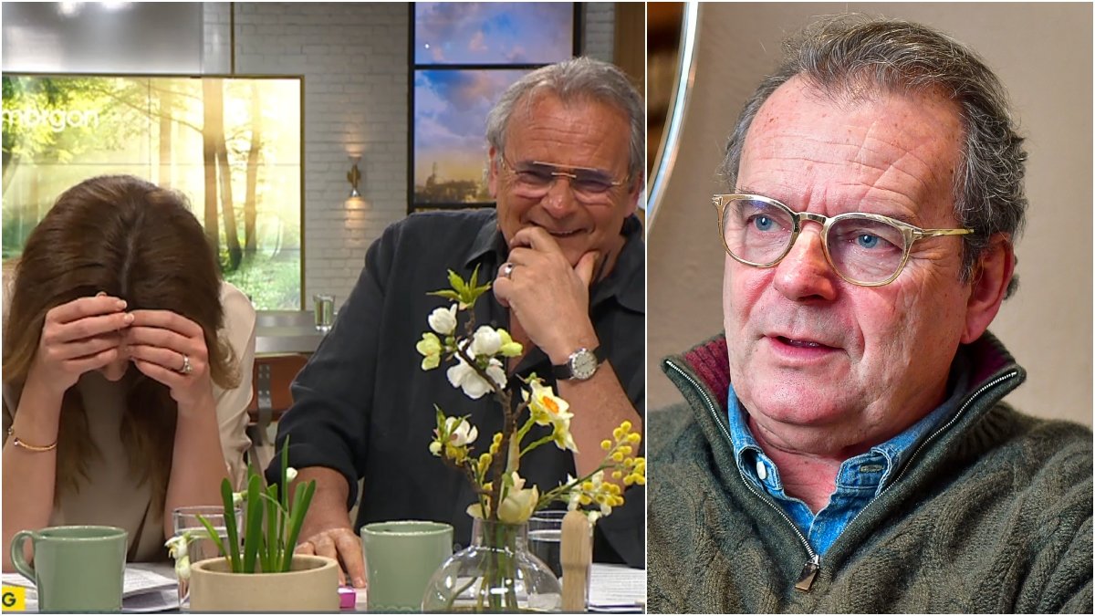 Sofia Geite och Steffo Törnquist fick svårt att hålla masken i direktsändning.