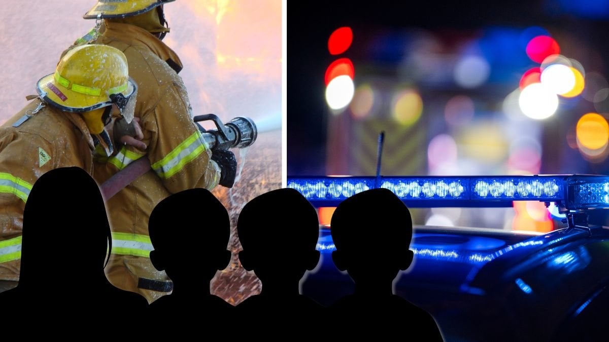 Brandmän till vänster, blåljus till höger. I mitten är det en siluett av en kvinna och tre siluetter av barn. 