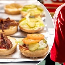 Bilder på burgare och en Five Guys-tshirt.