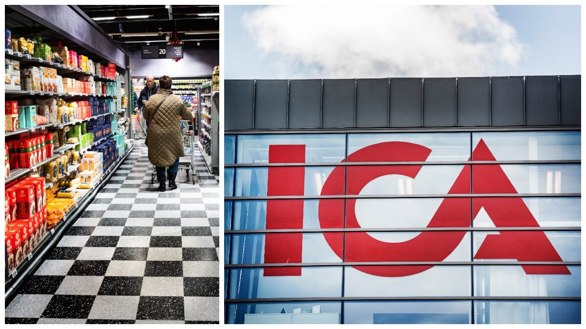 Personer som handlar i matbutik och Icas logga. 