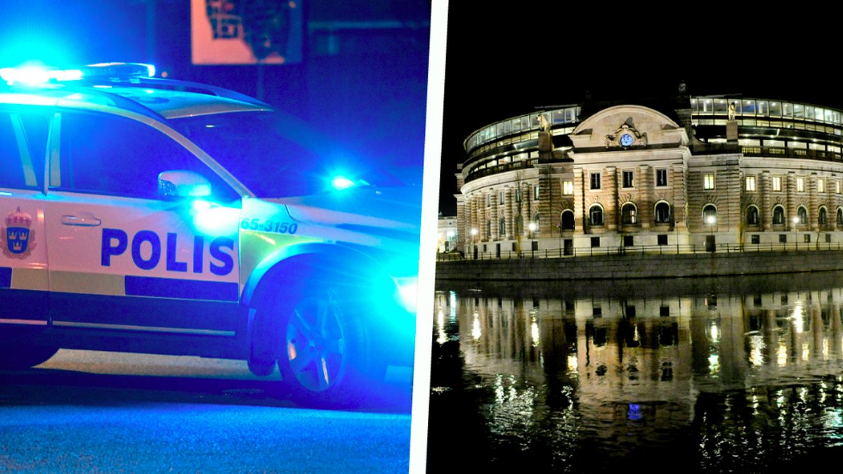 En polisbil och riksdagshuset. Montage