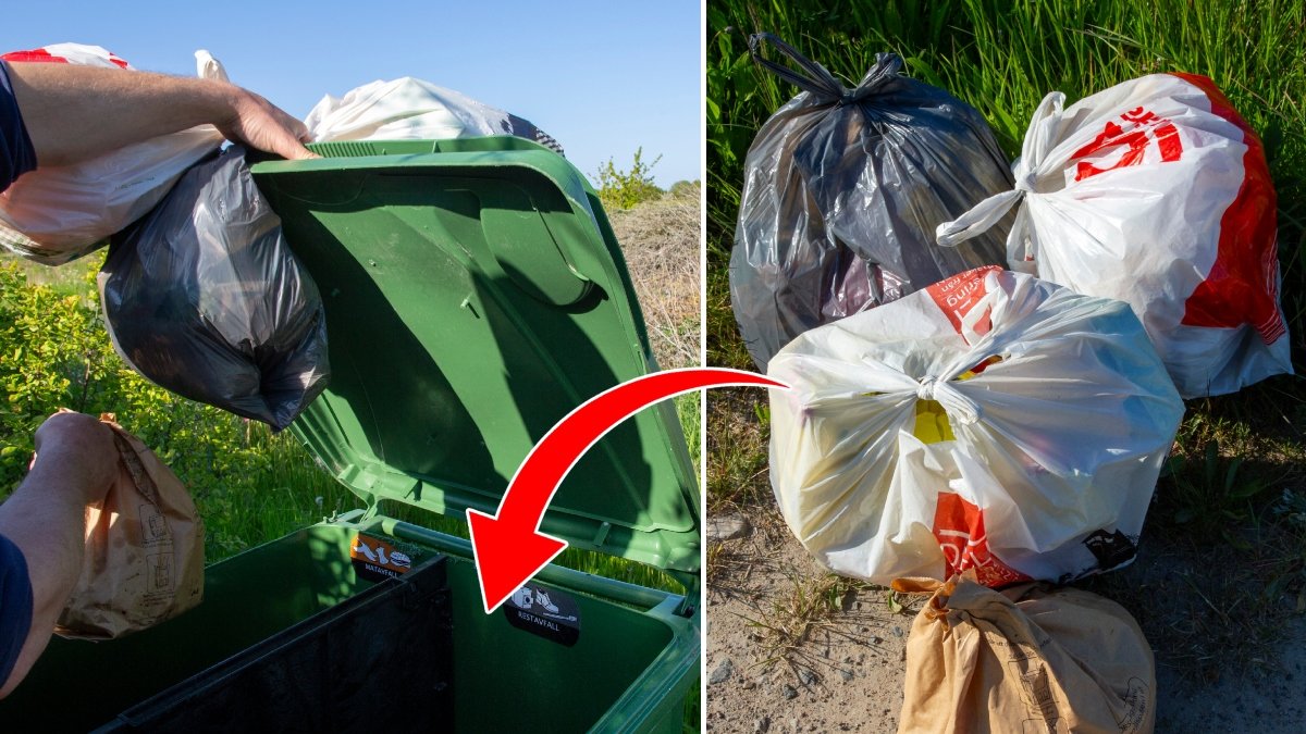 En man slänger hushållssopor i plastpåsar i en soptunna.