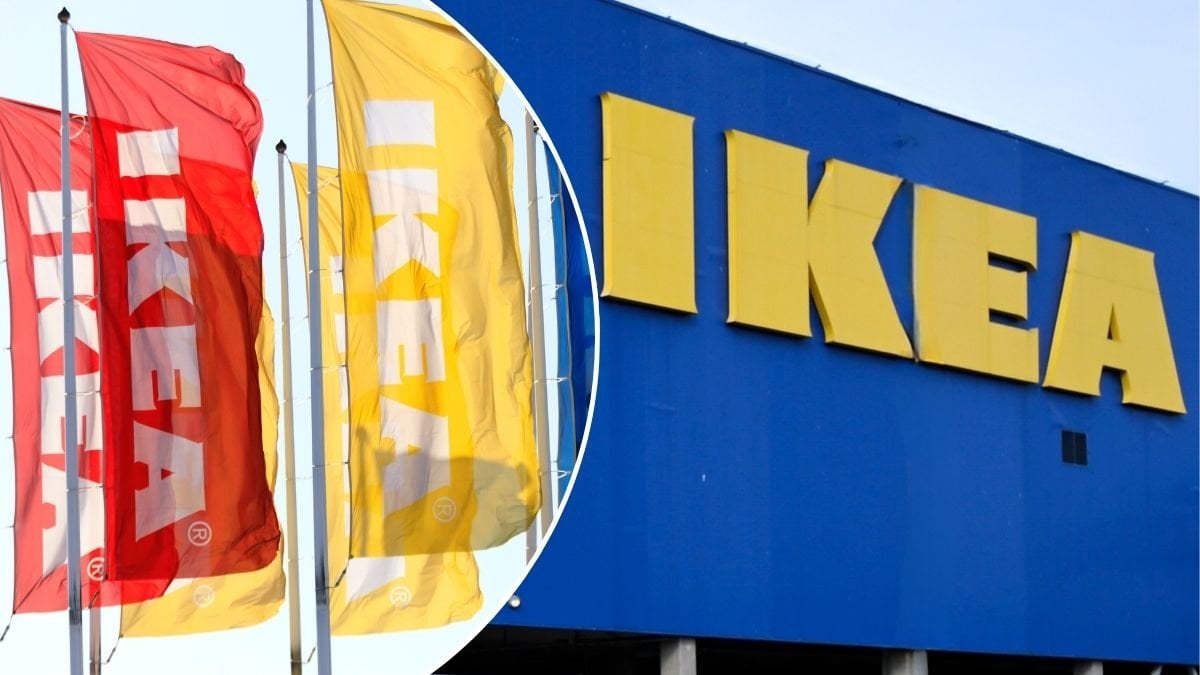 Bilder på Ikeas fasad och Ikea-flaggor.