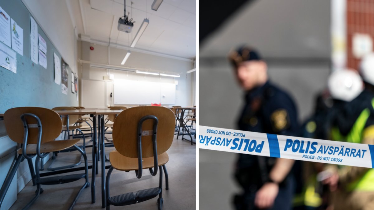 Genrebild på tomt klassrum och polisavspärrning.
