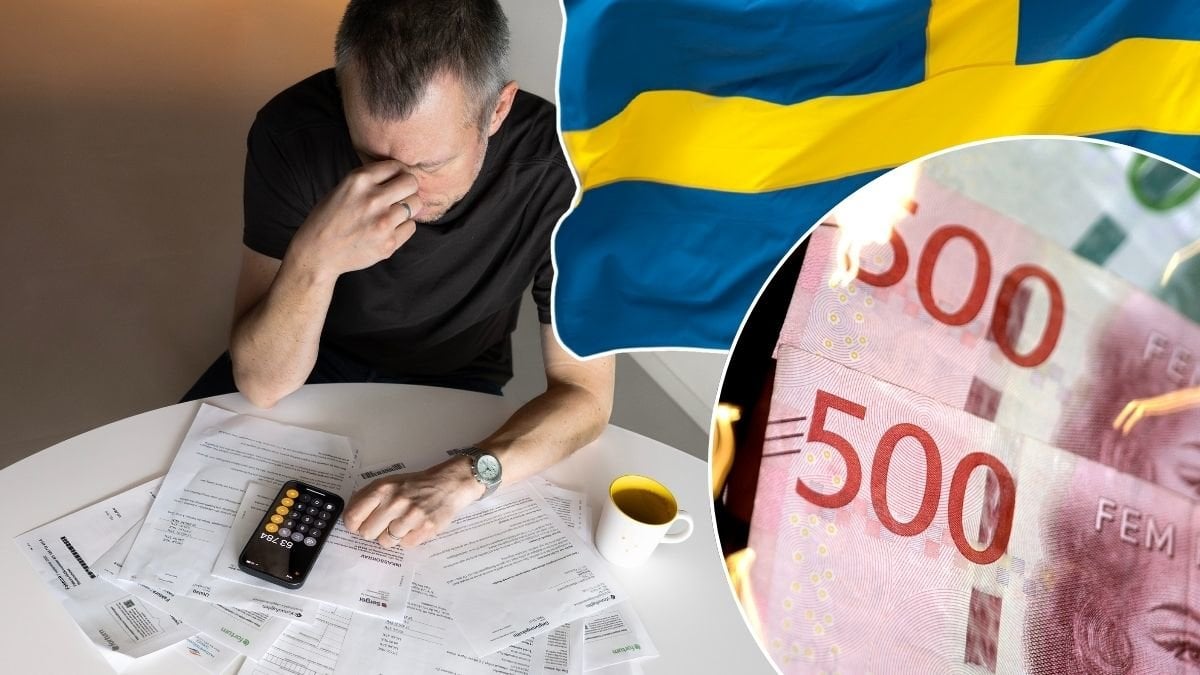 Man med räkningar, svenska flaggan och femhundralappar.